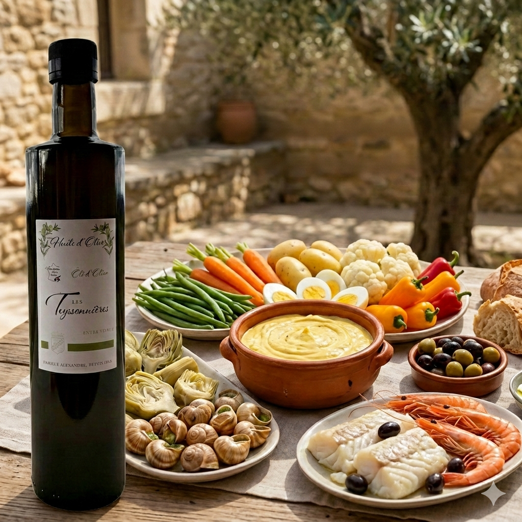 Filet d'Huile d'Olive extra vierge des Teyssonni&egrave;res sublimant un plat de cuisine proven&ccedil;ale gastronomique.